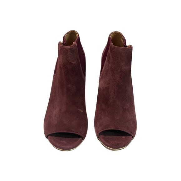 Coach Burgundy Suede‎ Peep Toe Booties Size 7B Elastic Gore - Chic Pull-On Style - Picture 3 of 9